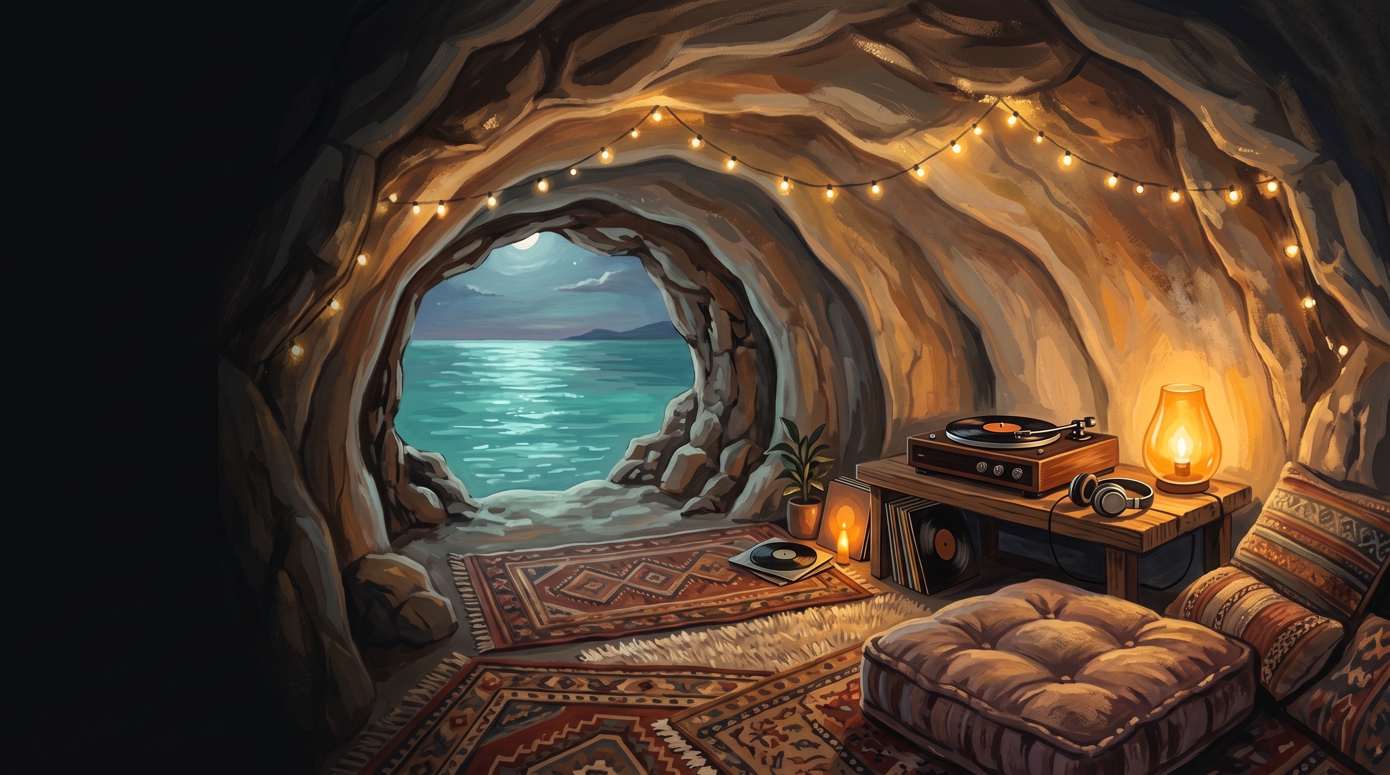 A painted cave-cove listening den: rugs and cushions under string lights, a record player and headphones beside an amber lamp, the cave mouth opening onto moonlit teal water
