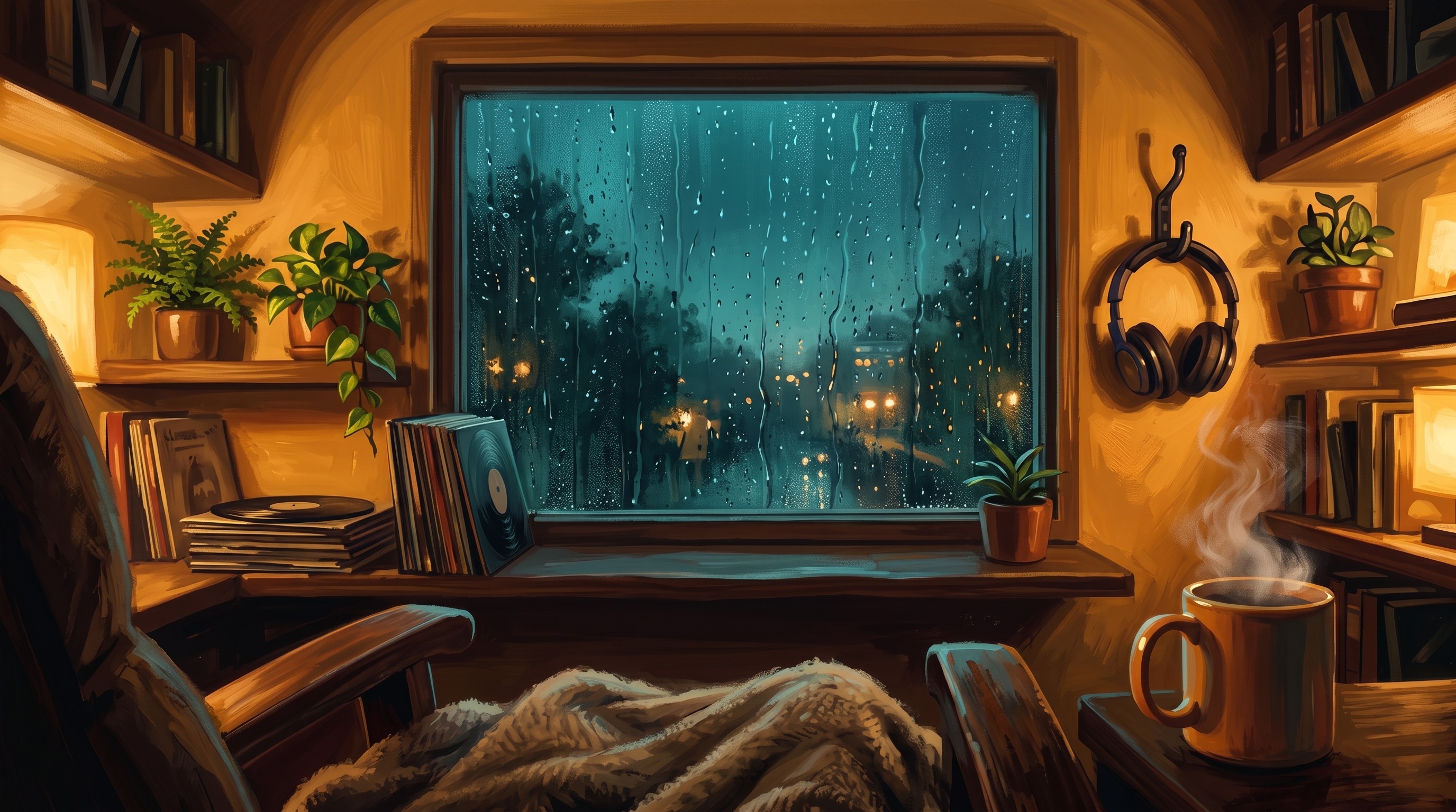 Inside a warm painted den: an armchair with a blanket, a steaming mug, plants and records on shelves, headphones hanging beside a wide window full of rain and teal night