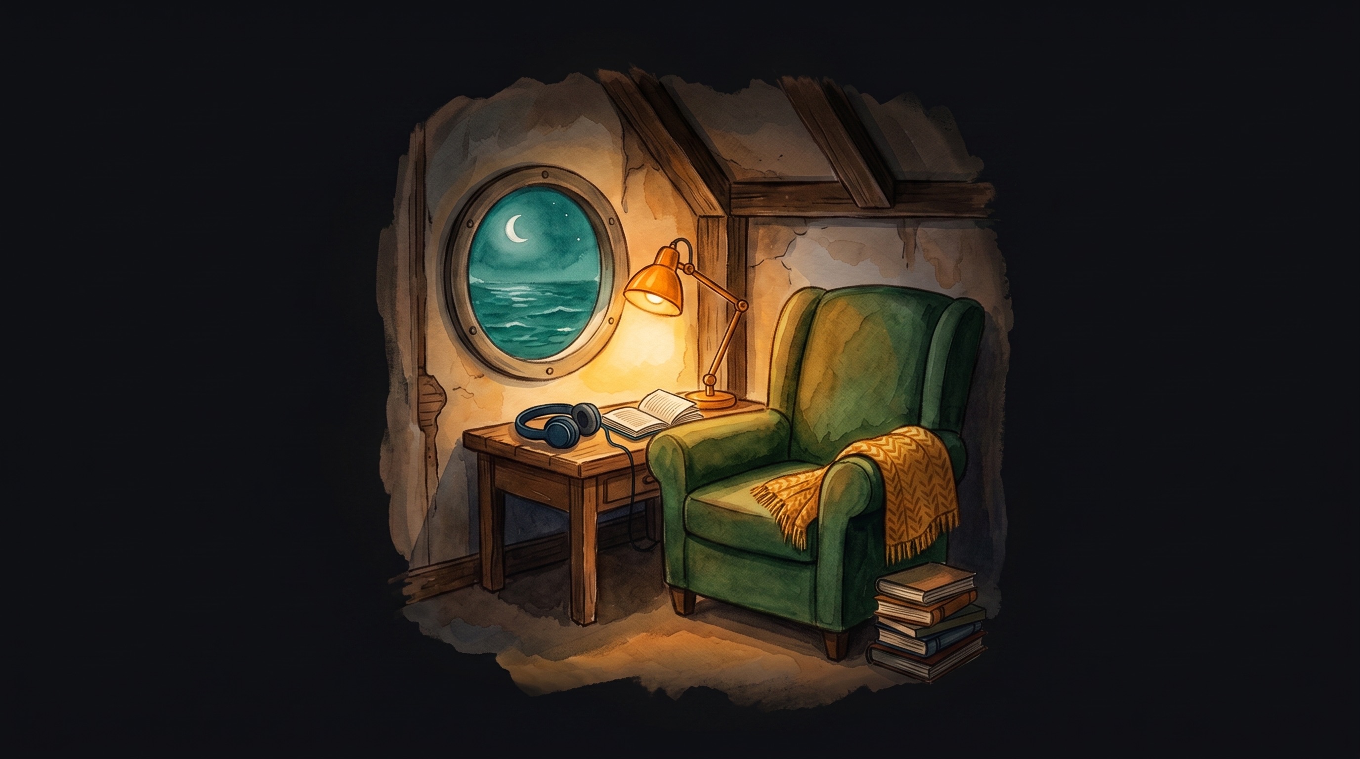 Painted vignette on darkness: a green armchair with a gold blanket, an amber lamp, headphones and an open book on a side table, a porthole window of moonlit teal sea